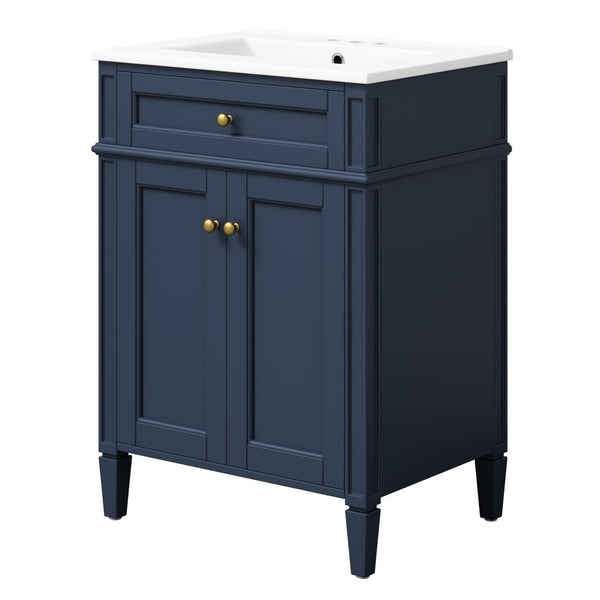 English Elm 24 Inch French Carved Bathroom Vanity with Ceramic Sink Soft Close Doors and Tip Out Drawer Blue N710P293309C