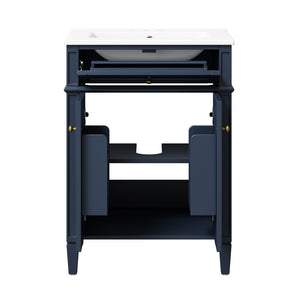 English Elm 24 Inch French Carved Bathroom Vanity with Ceramic Sink Soft Close Doors and Tip Out Drawer Blue N710P293309C