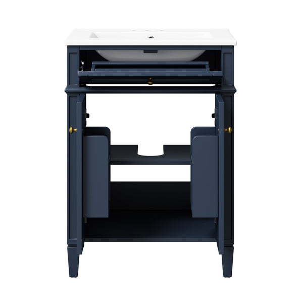 English Elm 24 Inch French Carved Bathroom Vanity with Ceramic Sink Soft Close Doors and Tip Out Drawer Blue N710P293309C