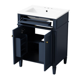 English Elm 24 Inch French Carved Bathroom Vanity with Ceramic Sink Soft Close Doors and Tip Out Drawer Blue N710P293309C