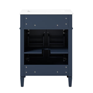 English Elm 24 Inch French Carved Bathroom Vanity with Ceramic Sink Soft Close Doors and Tip Out Drawer Blue N710P293309C