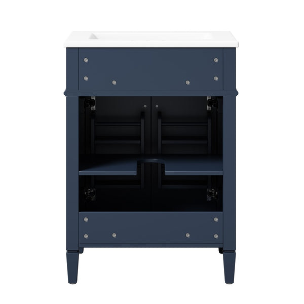 English Elm 24 Inch French Carved Bathroom Vanity with Ceramic Sink Soft Close Doors and Tip Out Drawer Blue N710P293309C