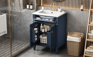 English Elm 24 Inch French Carved Bathroom Vanity with Ceramic Sink Soft Close Doors and Tip Out Drawer Blue N710P293309C