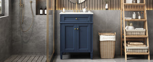 English Elm 24 Inch French Carved Bathroom Vanity with Ceramic Sink Soft Close Doors and Tip Out Drawer Blue N710P293309C