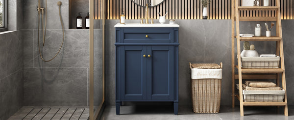 English Elm 24 Inch French Carved Bathroom Vanity with Ceramic Sink Soft Close Doors and Tip Out Drawer Blue N710P293309C