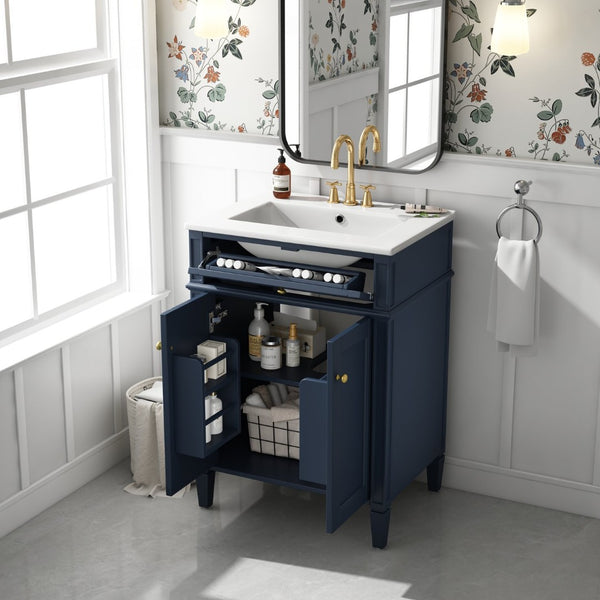 English Elm 24 Inch French Carved Bathroom Vanity with Ceramic Sink Soft Close Doors and Tip Out Drawer Blue N710P293309C