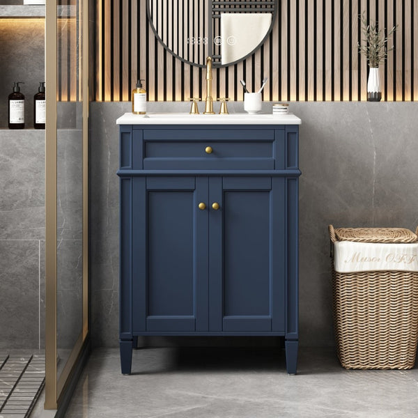 English Elm 24 Inch French Carved Bathroom Vanity with Ceramic Sink Soft Close Doors and Tip Out Drawer Blue N710P293309C