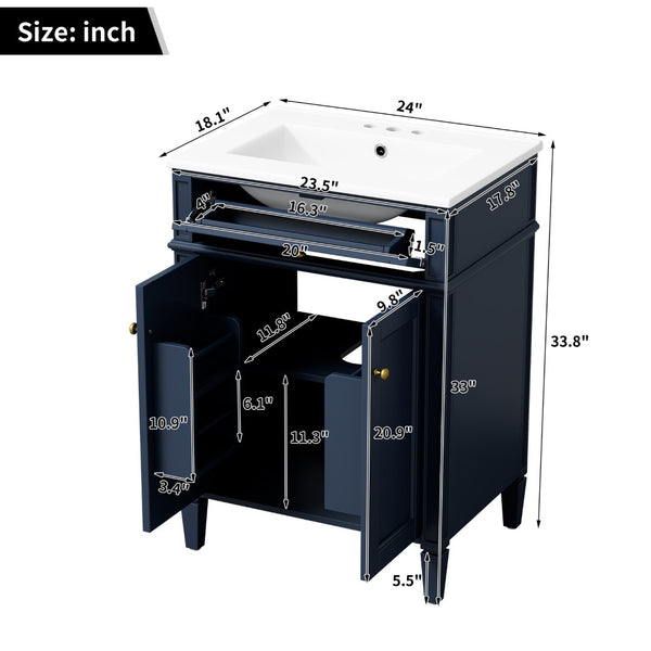 English Elm 24 Inch French Carved Bathroom Vanity with Ceramic Sink Soft Close Doors and Tip Out Drawer Blue N710P293309C