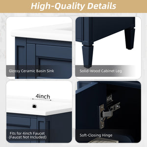 English Elm 24 Inch French Carved Bathroom Vanity with Ceramic Sink Soft Close Doors and Tip Out Drawer Blue N710P293309C