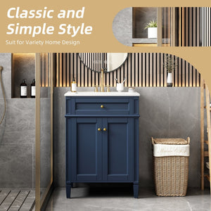 English Elm 24 Inch French Carved Bathroom Vanity with Ceramic Sink Soft Close Doors and Tip Out Drawer Blue N710P293309C