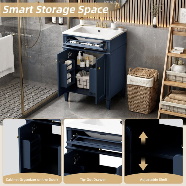 English Elm 24 Inch French Carved Bathroom Vanity with Ceramic Sink Soft Close Doors and Tip Out Drawer Blue N710P293309C