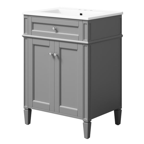 English Elm 24 Inch French Carved Bathroom Vanity with Ceramic Sink Soft Close Doors and Tip Out Drawer Gray N710P293309E