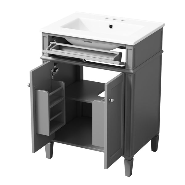 English Elm 24 Inch French Carved Bathroom Vanity with Ceramic Sink Soft Close Doors and Tip Out Drawer Gray N710P293309E