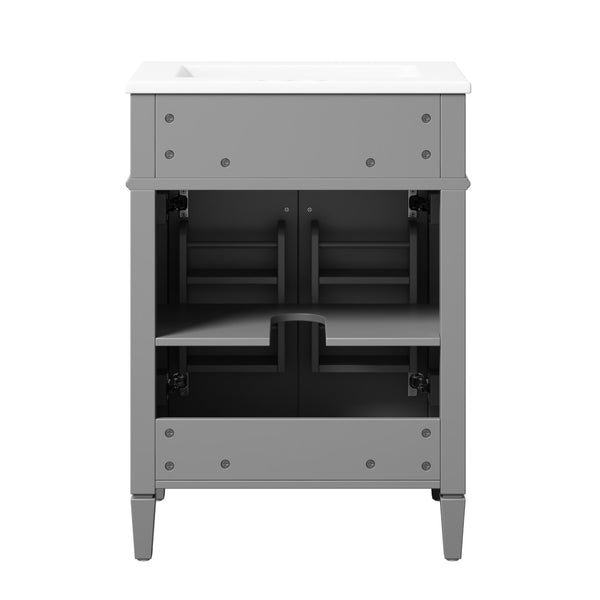 English Elm 24 Inch French Carved Bathroom Vanity with Ceramic Sink Soft Close Doors and Tip Out Drawer Gray N710P293309E