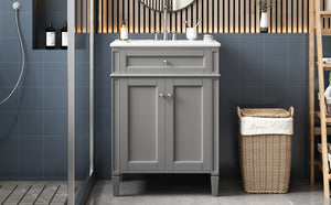 English Elm 24 Inch French Carved Bathroom Vanity with Ceramic Sink Soft Close Doors and Tip Out Drawer Gray N710P293309E