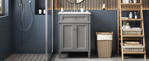 English Elm 24 Inch French Carved Bathroom Vanity with Ceramic Sink Soft Close Doors and Tip Out Drawer Gray N710P293309E