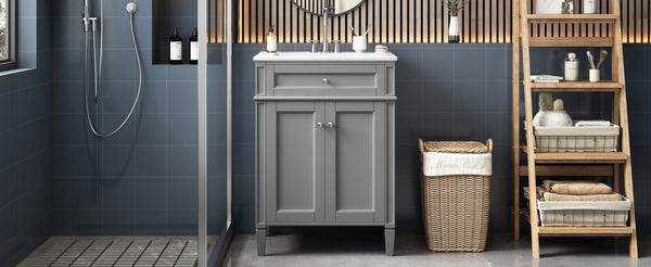 English Elm 24 Inch French Carved Bathroom Vanity with Ceramic Sink Soft Close Doors and Tip Out Drawer Gray N710P293309E