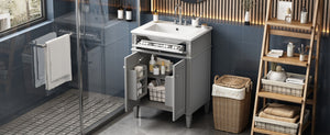 English Elm 24 Inch French Carved Bathroom Vanity with Ceramic Sink Soft Close Doors and Tip Out Drawer Gray N710P293309E