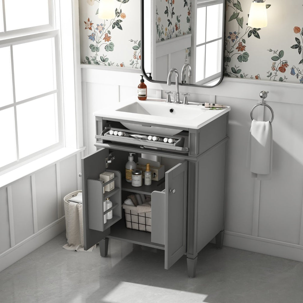 English Elm 24 Inch French Carved Bathroom Vanity with Ceramic Sink Soft Close Doors and Tip Out Drawer Gray N710P293309E