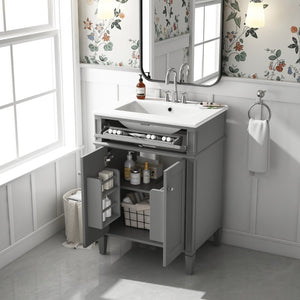 English Elm 24 Inch French Carved Bathroom Vanity with Ceramic Sink Soft Close Doors and Tip Out Drawer Gray N710P293309E
