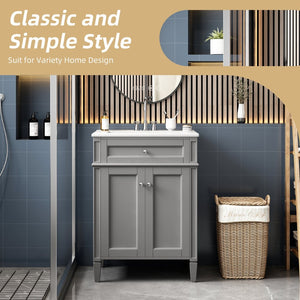 English Elm 24 Inch French Carved Bathroom Vanity with Ceramic Sink Soft Close Doors and Tip Out Drawer Gray N710P293309E