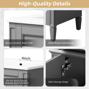 English Elm 24 Inch French Carved Bathroom Vanity with Ceramic Sink Soft Close Doors and Tip Out Drawer Gray N710P293309E