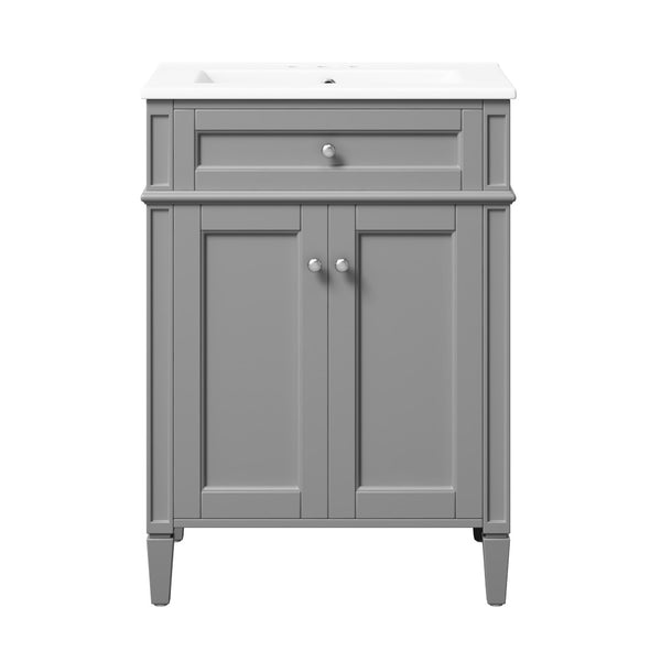 English Elm 24 Inch French Carved Bathroom Vanity with Ceramic Sink Soft Close Doors and Tip Out Drawer Gray N710P293309E