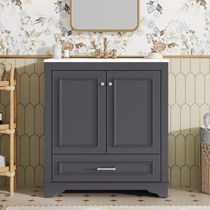 English Elm 30" French Country Bathroom Vanity Solid Poplar Frame Ceramic Sink Soft Close Doors N710P317676C