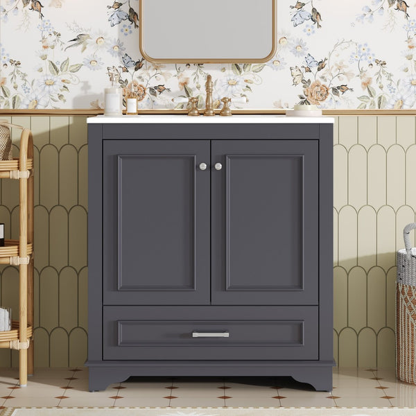 English Elm 30" French Country Bathroom Vanity Solid Poplar Frame Ceramic Sink Soft Close Doors N710P317676C