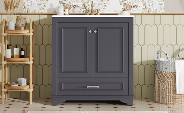 English Elm 30" French Country Bathroom Vanity Solid Poplar Frame Ceramic Sink Soft Close Doors N710P317676C