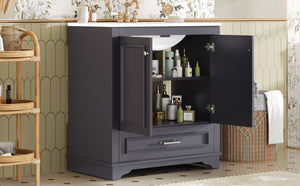 English Elm 30" French Country Bathroom Vanity Solid Poplar Frame Ceramic Sink Soft Close Doors N710P317676C