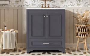 English Elm 30" French Country Bathroom Vanity Solid Poplar Frame Ceramic Sink Soft Close Doors N710P317676C