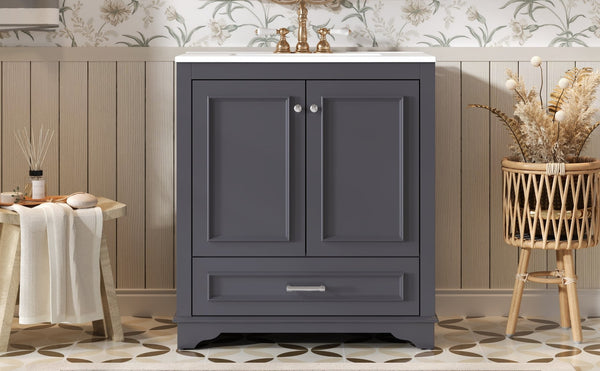 English Elm 30" French Country Bathroom Vanity Solid Poplar Frame Ceramic Sink Soft Close Doors N710P317676C