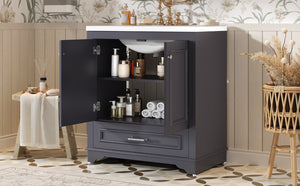 English Elm 30" French Country Bathroom Vanity Solid Poplar Frame Ceramic Sink Soft Close Doors N710P317676C