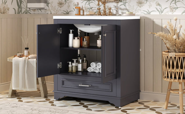 English Elm 30" French Country Bathroom Vanity Solid Poplar Frame Ceramic Sink Soft Close Doors N710P317676C
