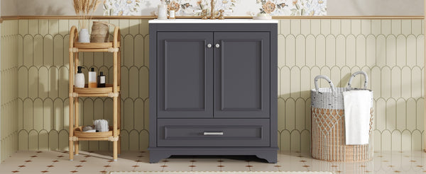 English Elm 30" French Country Bathroom Vanity Solid Poplar Frame Ceramic Sink Soft Close Doors N710P317676C