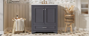 English Elm 30" French Country Bathroom Vanity Solid Poplar Frame Ceramic Sink Soft Close Doors N710P317676C