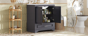 English Elm 30" French Country Bathroom Vanity Solid Poplar Frame Ceramic Sink Soft Close Doors N710P317676C