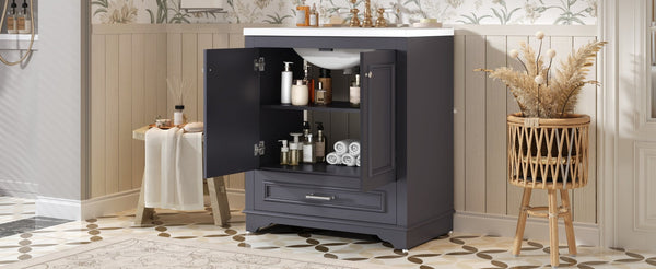 English Elm 30" French Country Bathroom Vanity Solid Poplar Frame Ceramic Sink Soft Close Doors N710P317676C
