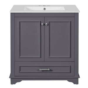 English Elm 30" French Country Bathroom Vanity Solid Poplar Frame Ceramic Sink Soft Close Doors N710P317676C