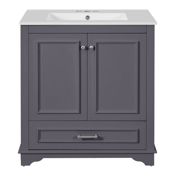 English Elm 30" French Country Bathroom Vanity Solid Poplar Frame Ceramic Sink Soft Close Doors N710P317676C
