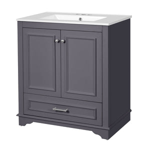 English Elm 30" French Country Bathroom Vanity Solid Poplar Frame Ceramic Sink Soft Close Doors N710P317676C