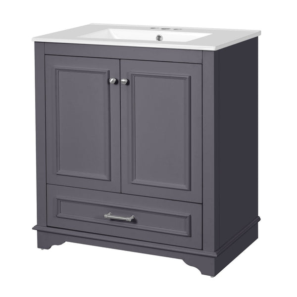 English Elm 30" French Country Bathroom Vanity Solid Poplar Frame Ceramic Sink Soft Close Doors N710P317676C