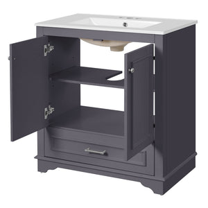 English Elm 30" French Country Bathroom Vanity Solid Poplar Frame Ceramic Sink Soft Close Doors N710P317676C
