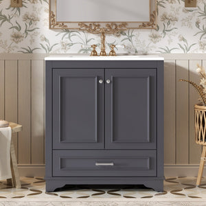 English Elm 30" French Country Bathroom Vanity Solid Poplar Frame Ceramic Sink Soft Close Doors N710P317676C