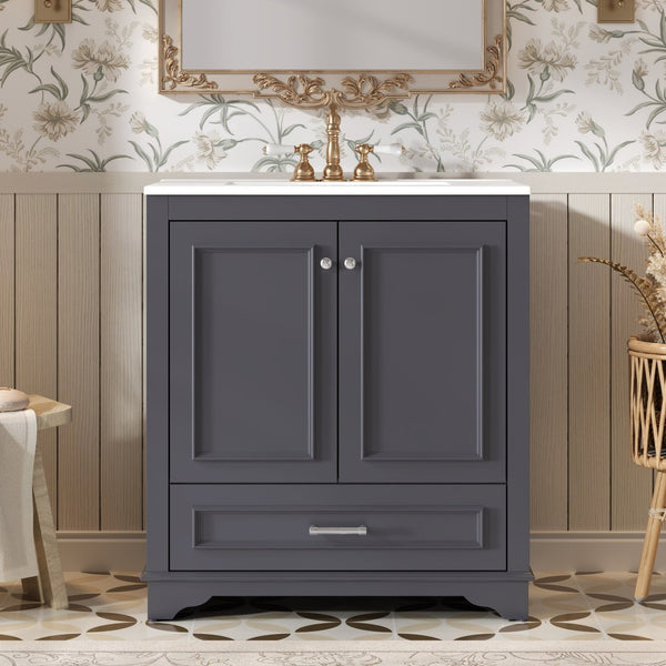 English Elm 30" French Country Bathroom Vanity Solid Poplar Frame Ceramic Sink Soft Close Doors N710P317676C