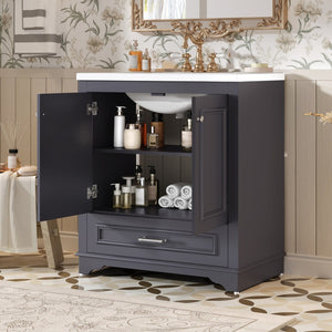 English Elm 30" French Country Bathroom Vanity Solid Poplar Frame Ceramic Sink Soft Close Doors N710P317676C