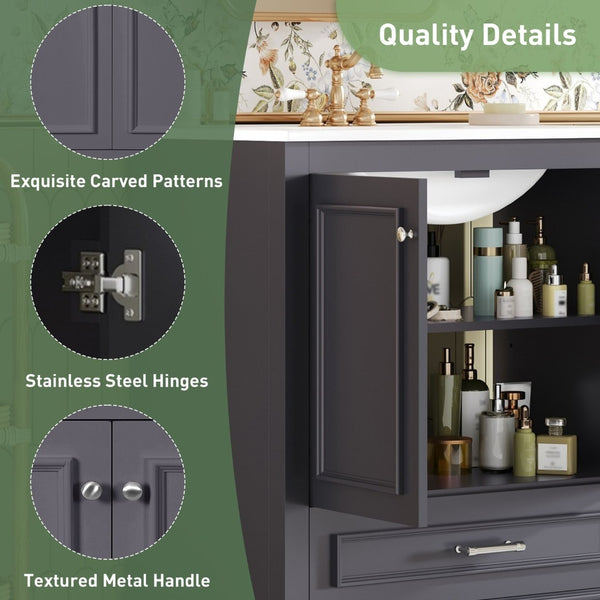 English Elm 30" French Country Bathroom Vanity Solid Poplar Frame Ceramic Sink Soft Close Doors N710P317676C