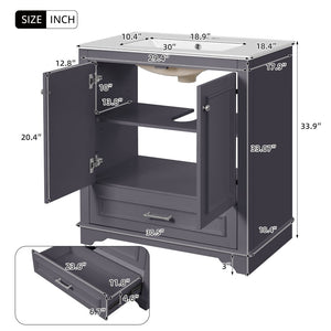 English Elm 30" French Country Bathroom Vanity Solid Poplar Frame Ceramic Sink Soft Close Doors N710P317676C