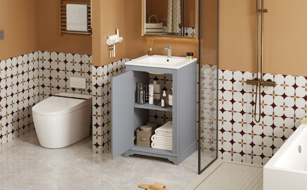 English Elm 20-Inch Gray Shaker Bathroom Vanity with Ceramic Sink Soft Close Pine Cabinet N710P317678E